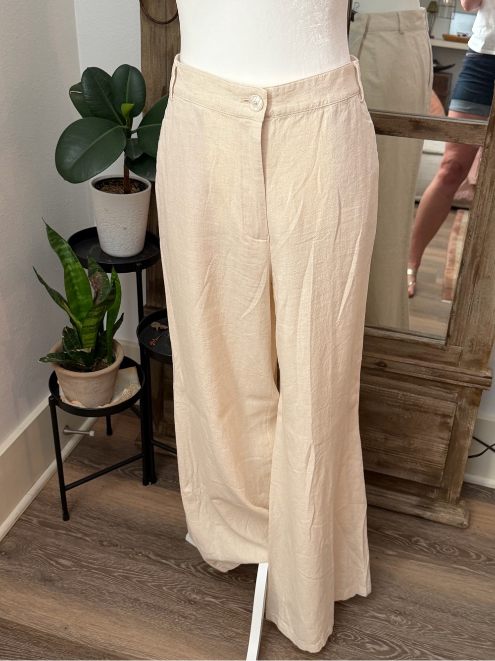 Massimo Dutti Cream Wide-Leg Linen-Blend Trousers